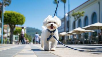 A white Maltese walking on a city sidewalk with a blue leash photo