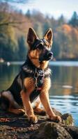 A loyal German Shepherd sitting by a lake with a brown leash photo