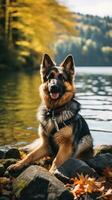 A loyal German Shepherd sitting by a lake with a brown leash photo