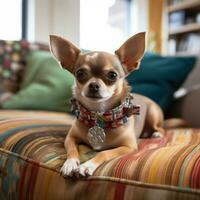 A content Chihuahua laying on a couch with a patterned leash photo