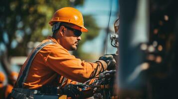 Worker repairing electrical wires on a power line photo