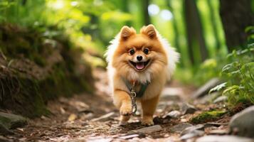 A fluffy Pomeranian walking on a forest trail with a green leash photo