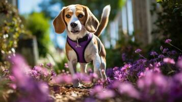 un curioso beagle olfateando flores en un jardín con un púrpura Correa foto