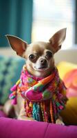 A content Chihuahua laying on a couch with a patterned leash photo