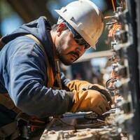 trabajador reparando eléctrico alambres en un poder línea foto