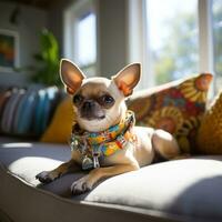 A content Chihuahua laying on a couch with a patterned leash photo