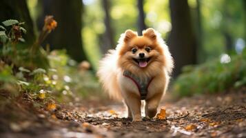 A fluffy Pomeranian walking on a forest trail with a green leash photo