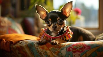 A content Chihuahua laying on a couch with a patterned leash photo