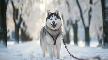 A regal Husky standing in a snow-covered park with a white leash photo