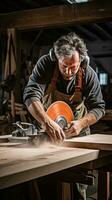Carpenter cutting wood with a circular photo