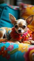 A content Chihuahua laying on a couch with a patterned leash photo