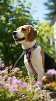 A curious Beagle sniffing flowers in a garden with a purple leash photo