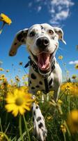 A playful Dalmatian running in a field with a yellow leash photo