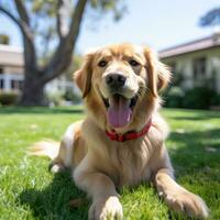 A happy Golden Retriever on a green lawn with a red leash photo