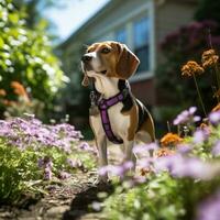 A curious Beagle sniffing flowers in a garden with a purple leash photo