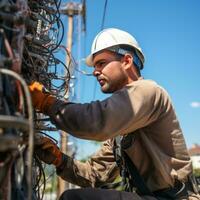 trabajador reparando eléctrico alambres en un poder línea foto