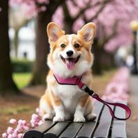 A cute Corgi sitting on a park bench with a pink leash photo