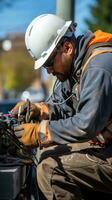 trabajador reparando eléctrico alambres en un poder línea foto