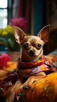 A content Chihuahua laying on a couch with a patterned leash photo