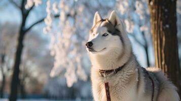 A regal Husky standing in a snow-covered park with a white leash photo