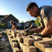 Mason laying bricks to build a wall photo