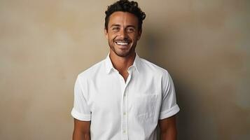 A joyful man stands with his hands in his pockets, wearing a white mock up t shirt. photo