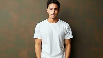 A joyful man stands with his hands in his pockets, wearing a white mock up t shirt. photo