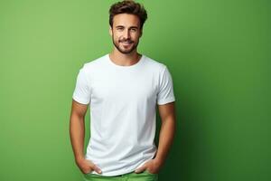 A joyful man stands with his hands in his pockets, wearing a white mock up t shirt. photo