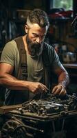 Mechanic repairing a car engine in a garage photo