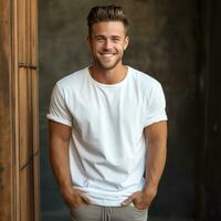 un alegre hombre soportes con su manos en su bolsillos, vistiendo un blanco burlarse de arriba t camisa. foto