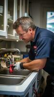 Plumber fixing a leaky faucet in a kitchen sink photo