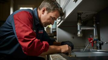 Plumber fixing a leaky faucet in a kitchen sink photo