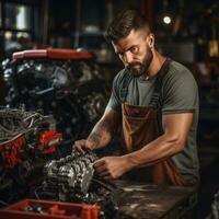 Mechanic repairing a car engine in a garage photo