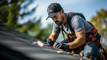 Roofing contractor repairing shingles on a house photo