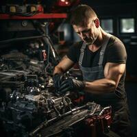 mecánico reparando un coche motor en un garaje foto