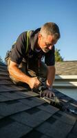 Roofing contractor repairing shingles on a house photo