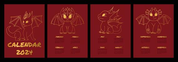 Calendar 2024. Wall calendar with cute cartoon dragons. The week starts on Sunday. Outline illustration of a dragon. Vector illustration