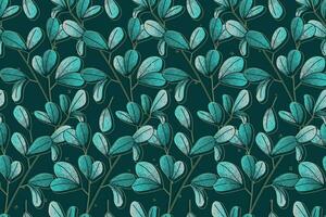 Decorative natural twig with leaves. Vector seamless flat pattern, plant branches.