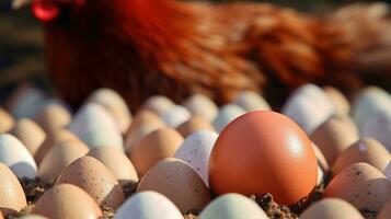 Chicken eggs in a nest of hay. A hen sits close in the background of the nest. Closeup of a group of eggs on the chicken farm. AI Generated photo