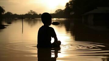 Silhouette of a kid that's watching his house going to underwater in flood. AI Generated photo