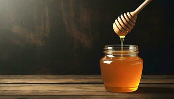 Honey dripping from a dipper into a jar on a wooden background. AI Generated photo