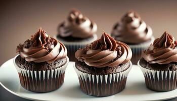 Chocolate cupcakes with chocolate frosting on plate, AI Generated photo