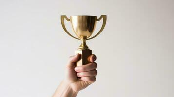 elevado manos de un hombre son participación un dorado trofeo aislado en ligero blanco antecedentes. concepto de exitoso empresario, hábil persona, logro, premio, liderazgo. ai generado foto