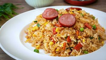 Fried rice with sausage. AI Generated photo