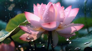 Pink lotus flower floating on a pond during rain. Closeup of pink waterlily with water drops on petals. AI Generated photo