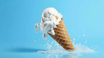 Melting waffle cone ice cream isolated on blue background. AI Generated photo