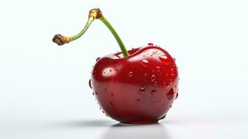 Fresh single ripe juicy cherry with water drop isolated on white background. AI Generated photo