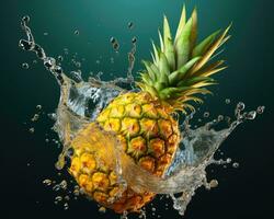 Fresh ripe pineapple fruit with water splash isolated on dark green background. Closeup of pineapple falling with water, product photography concept. AI Generated photo