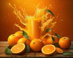 Whole and slices of Orange fruit and juice glass with splash and drops flying falling isolated on yellow orange background. Healthy drink. AI Generated photo