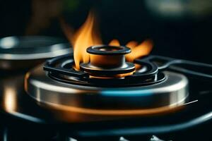 a close up of a gas burner on a stove. AI-Generated photo